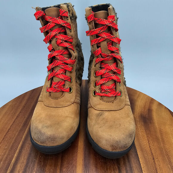 Sorel Lexie Boots Women's 5 Brown Leather Leopard Print Hidden Wedge Lace Up - Picture 2 of 10